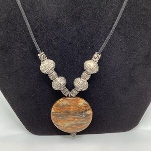Brown Jasper Round Pendant Necklace with Silver-Tone Beads